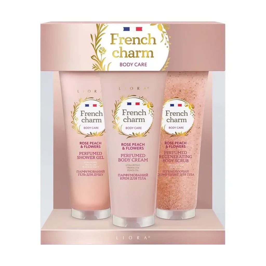 Уцінка! Подарунковий набір Emotions by Liora French Charm Rose Peach &amp; Flowers (гель для душу, 125 мл + скраб для тіла, 125 мл + крем для тіла, 125 мл)